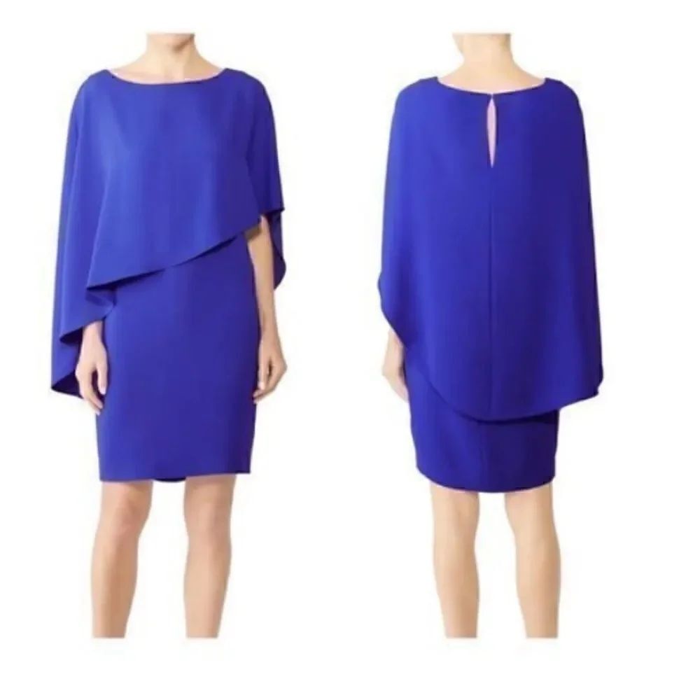 Trina Turk Women’s Size Large Adore Overlay Cape Sheath Dress Night Blue